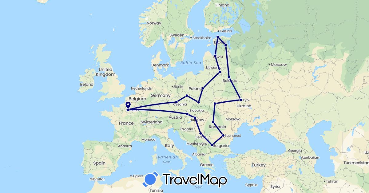 TravelMap itinerary: driving in Bulgaria, Belarus, Czech Republic, Estonia, France, Hungary, Lithuania, Latvia, Poland, Romania, Serbia, Slovakia, Ukraine (Europe)